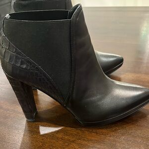 Stuart Weitzman Black Croc-Embossed Heeled Booties